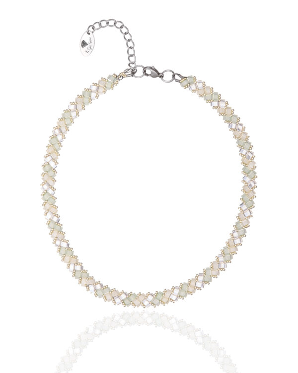Miyuki Side Tila Necklace Pastel Rainbow with hand-stitched Miyuki beads in a pastel rainbow pattern.
