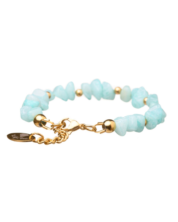 Light blue jade bracelet by The Gem Stories, showcasing high-quality jade stones and gold accents, meticulously handcrafted for a timeless look.