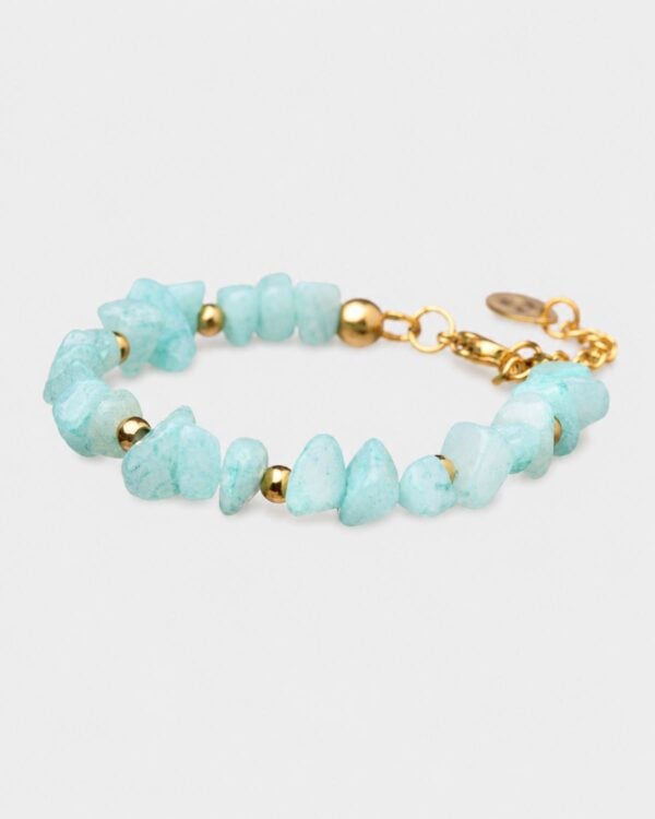 Handmade light blue jade bracelet by The Gem Stories featuring high-quality jade stones with gold accents.