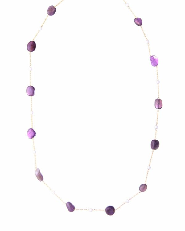 Delicate amethyst rosary necklace with irregularly shaped amethyst beads