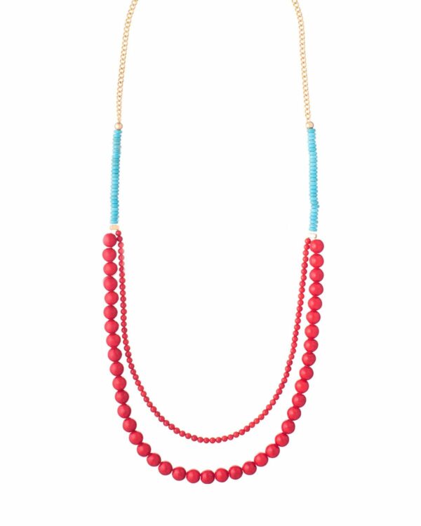 Red and light blue turquoise necklace with dual strands on white background