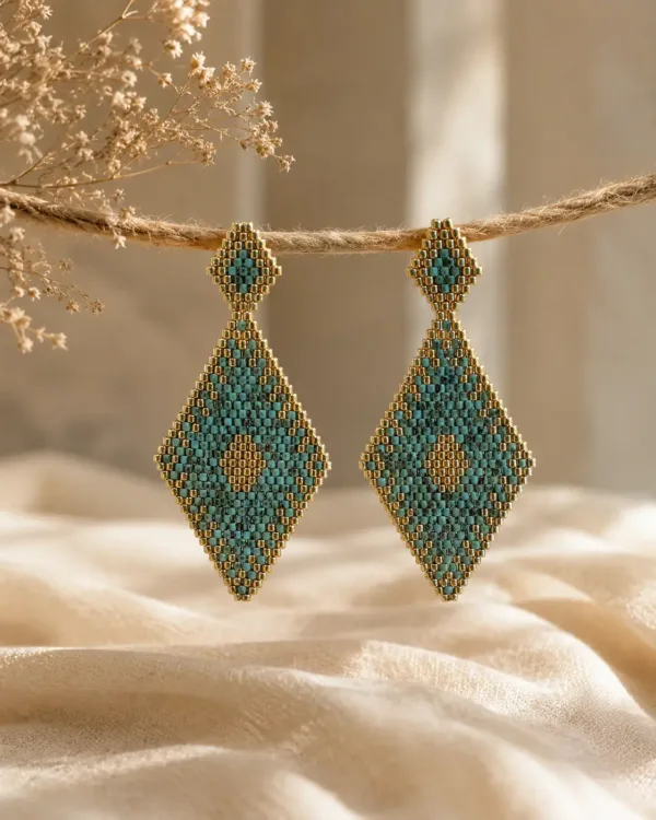 Handmade Miyuki Rhombus Earrings Picasso featuring diamond-shaped Japanese beadwork in beautiful earthy Picasso tones.
