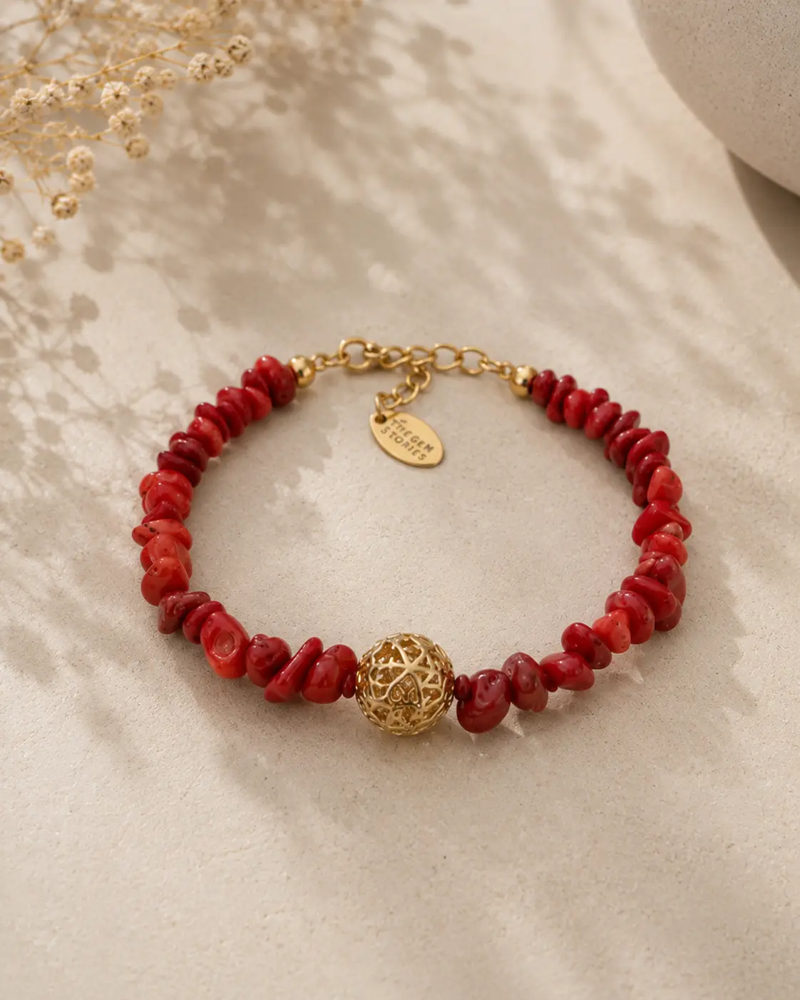 Red Coral Chips Bracelet With Filigree Element