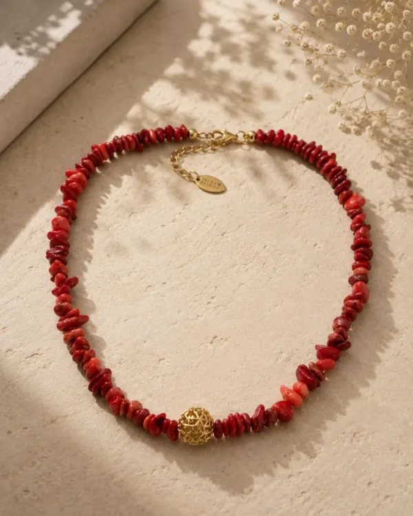Red Coral Chips Necklace with Filigree Element