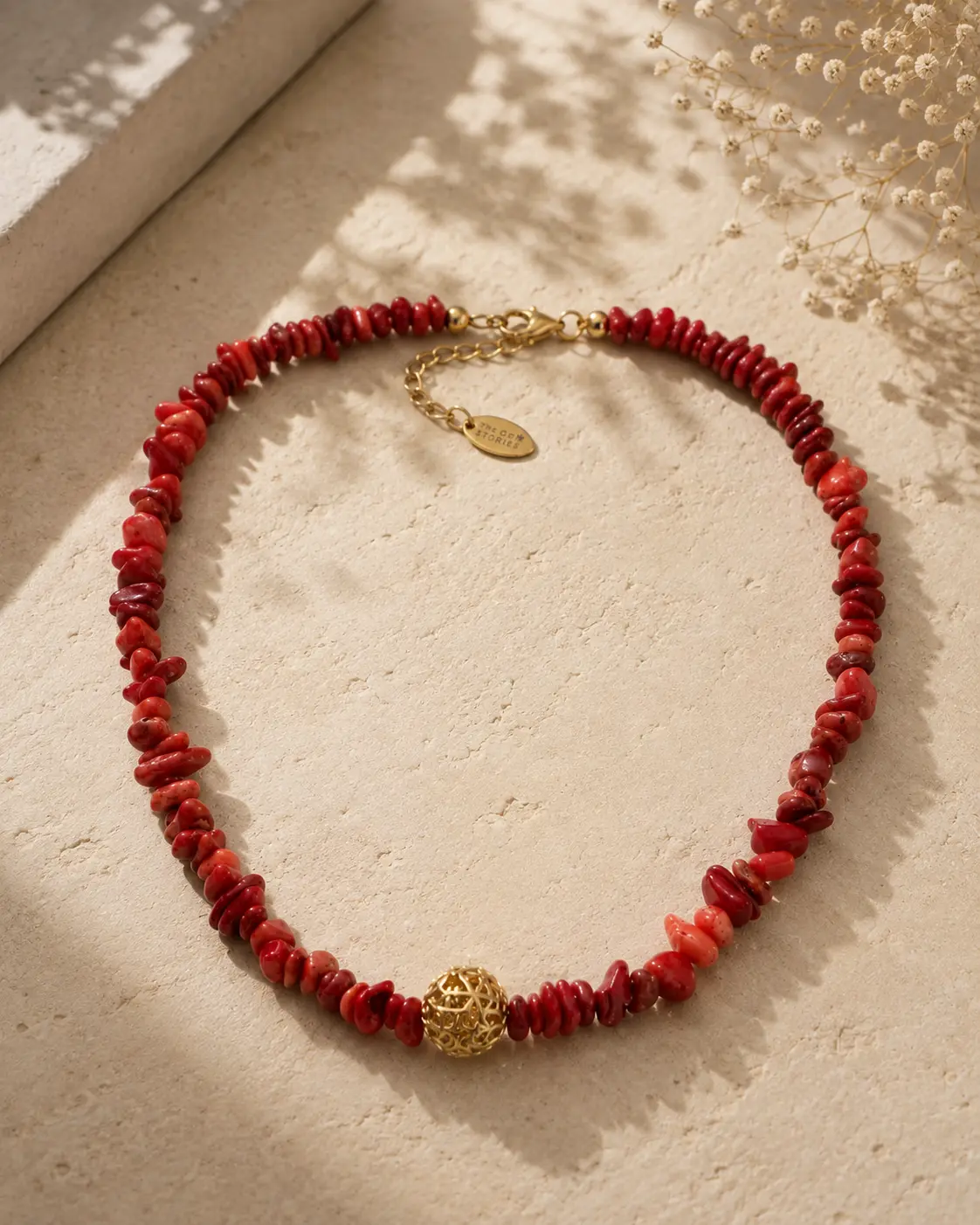 Red Coral Chips Necklace With Filigree Element
