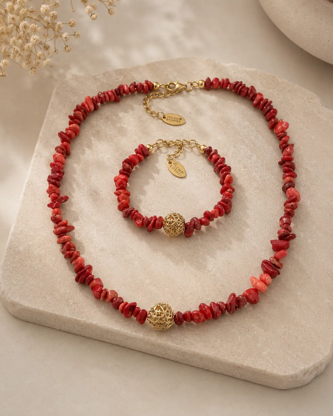 Red Coral Chips Set With Filigree Element
