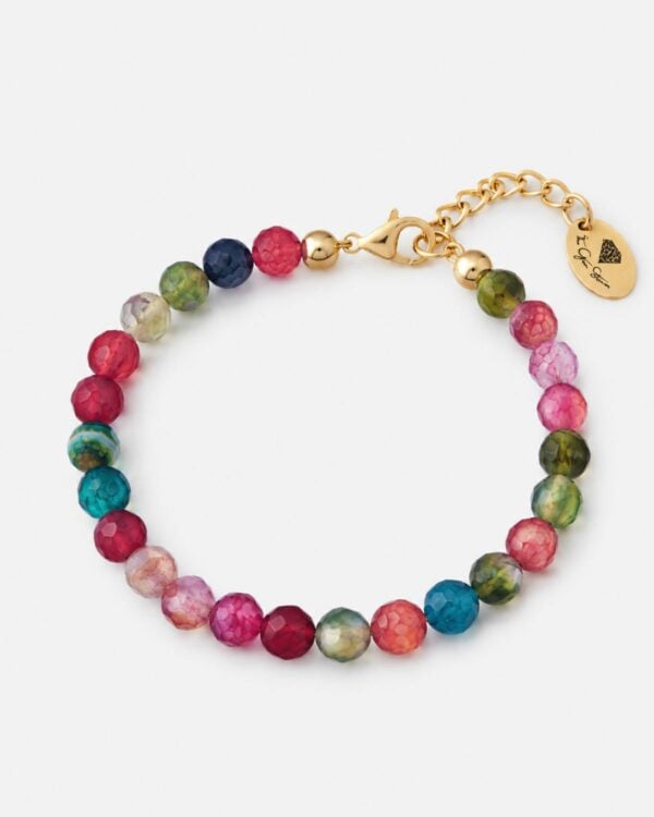 Colorful handmade bracelet featuring faceted Agate gemstones in red, blue, and green with gold-plated hardware.