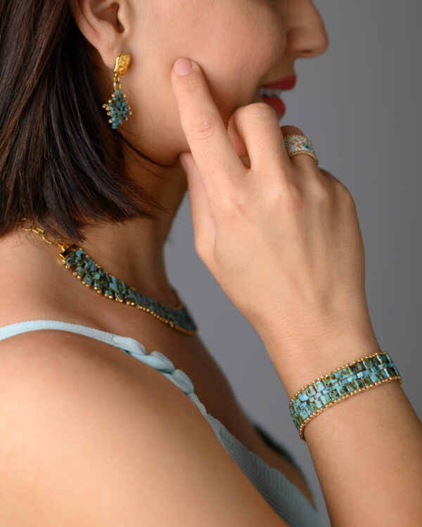Miyuki hand-stitched ring, Tila necklace, and bracelet by The Gem Stories, featuring turquoise beadwork.