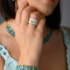 Miyuki hand-stitched ring and bracelet by The Gem Stories, featuring intricate beadwork in turquoise and white.