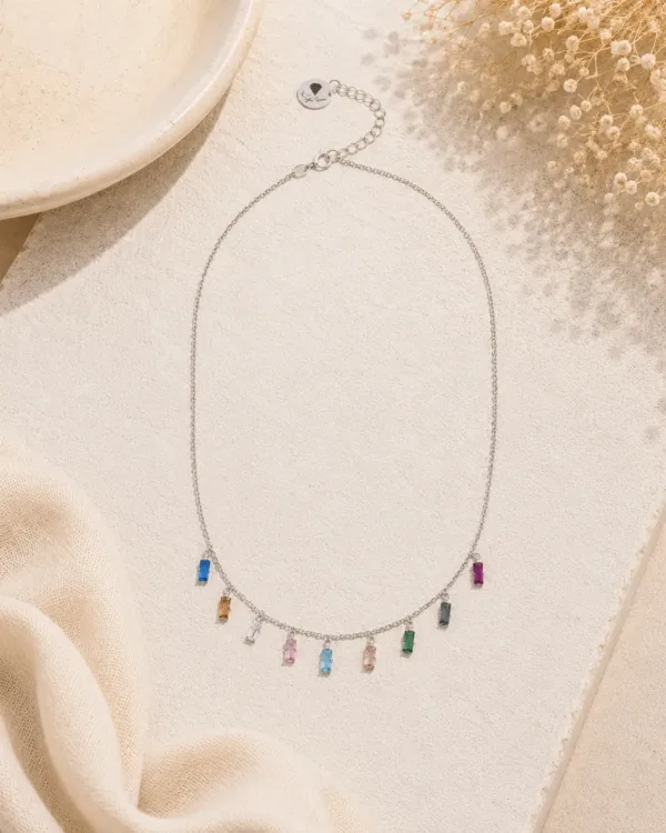 Necklace Rectangle Multicolor Crystals -  Rhodium