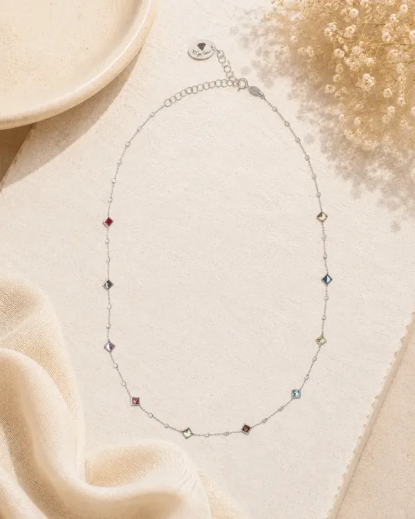 Short Necklace with Multicolor Crystals – Rhodium Plated