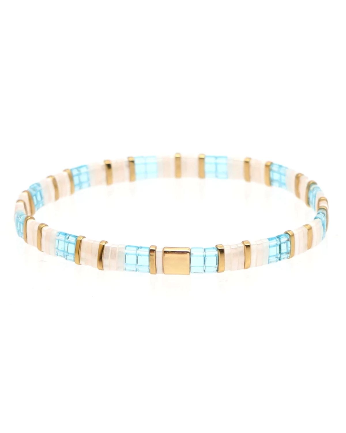 Bracelet with light blue, white and Gold Miyuki Tila Beads
