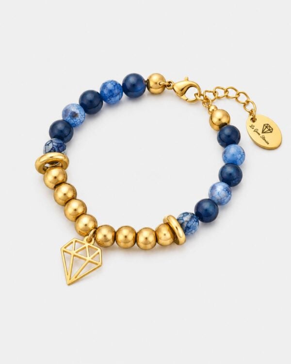 Close-up image of a Blue Agate bracelet with sparkling diamond accents.