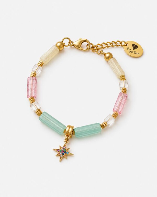 Multi-colored jade and crystal bead bracelet from BVSJ5644-The-Gem-Stories-Colorful-Jade-Bracelet-with-Star-Element.jpg, featuring cylindrical beads in mint green, pale pink, and soft yellow, accented with gold-plated spacers and a central gold star charm set with colorful stones on a white background.
