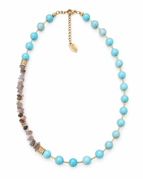 Turquoise and Labradorite Chips Necklace with Silver Clasp