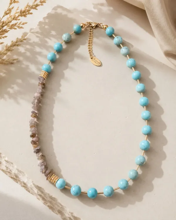 Handmade Turquoise and Labradorite Chips Necklace Concept featuring natural gemstone chips with unique colors and elegant handcrafted details.