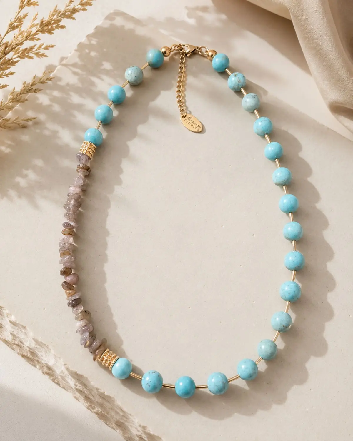 The-Gem-Stories-Turquoise-And-Labradorite-Chips-Necklace-concept Handmade Turquoise and Labradorite Chips Necklace Concept featuring natural gemstone chips with unique colors and elegant handcrafted details.