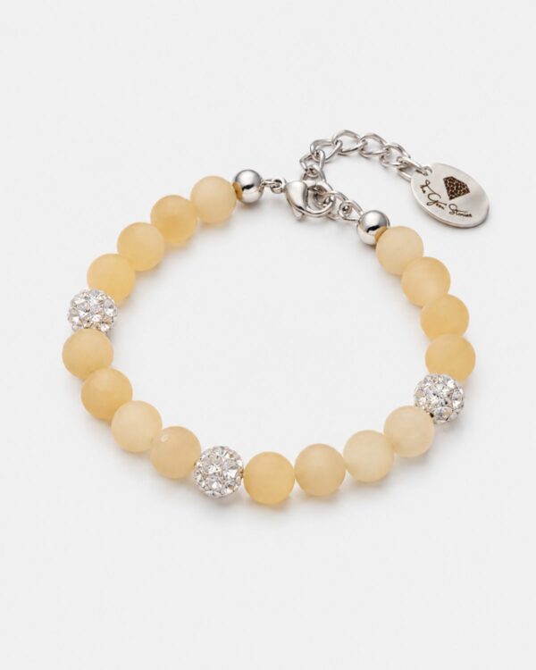 Honey-yellow citrine bead bracelet featuring three sparkling Preciosa crystal pavé balls and rhodium-plated silver-tone hardware, as shown in U1ES5640-The-Gem-Stories-Citrine-Bracelet-with-Preciosa-Crystal-Balls-Rhodium.jpg, displayed on a clean white background.