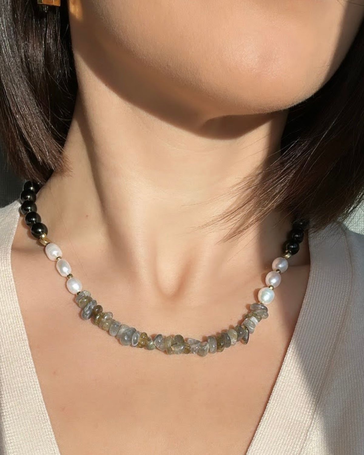 Onix, Labradorite and pearls necklace