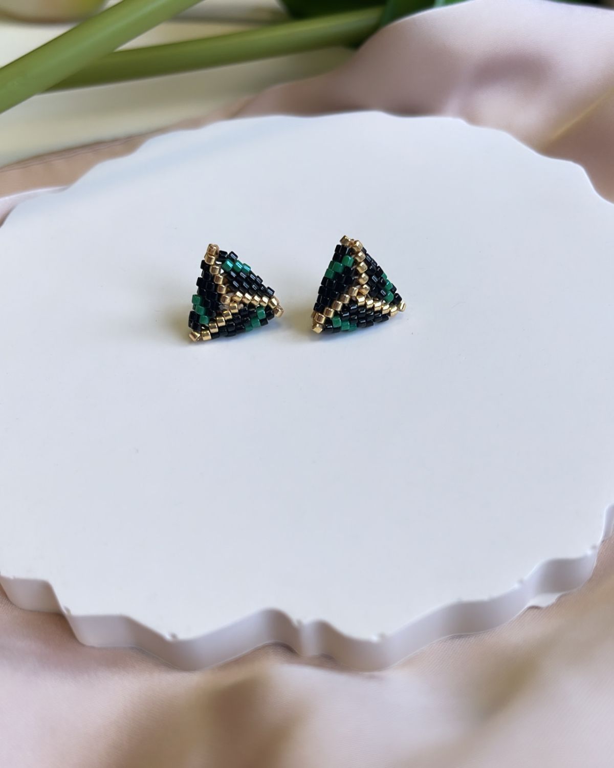Triangle Miyuki Stud Earrings – Green/Gold/Black