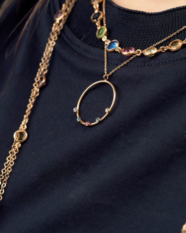 Round rose gold necklace with multicolor crystal accents