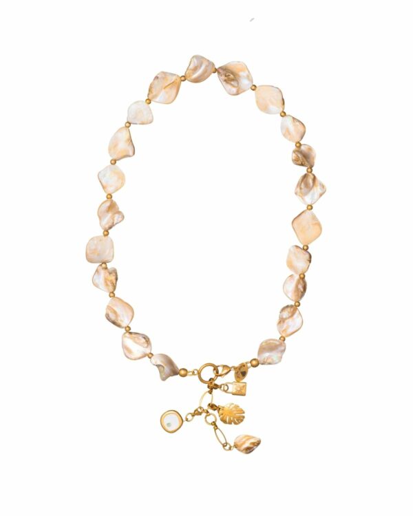 Coral necklace with irregular coral beads and gold adjustable elements.