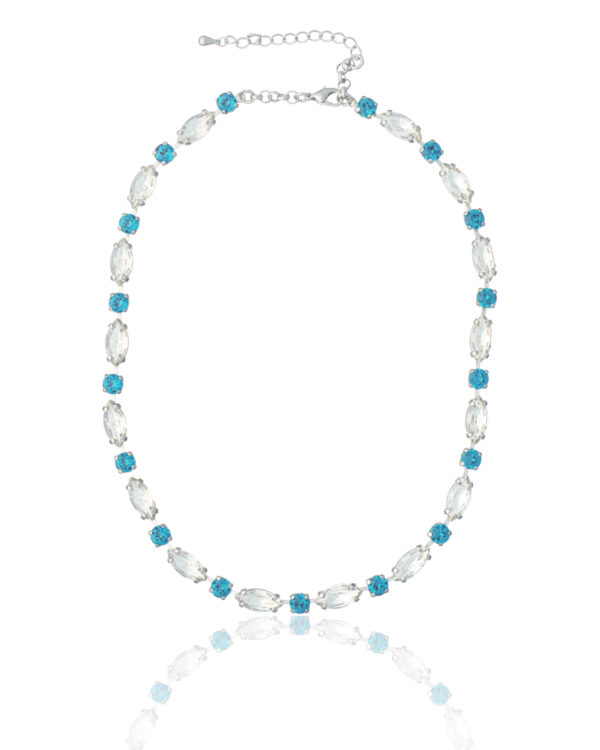 Blue Zircon and Crystal Necklace with blue and clear beads on a white background