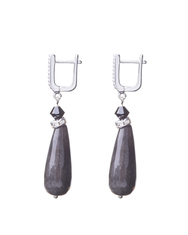 Drop Silver Earrings with Black Color and Cubic Zirconia Leverback