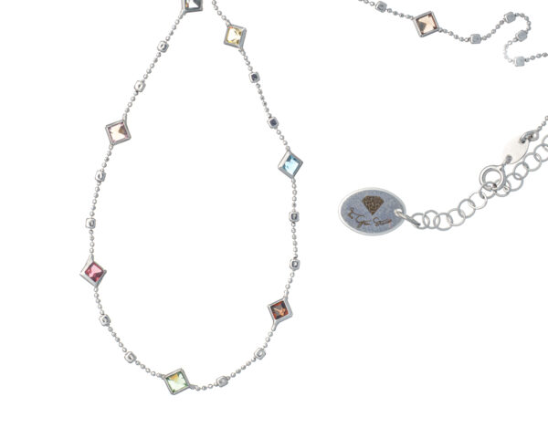 Elegant rhodium plated necklace with multicolor crystals