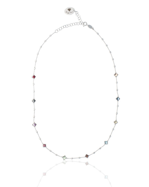 Rhodium plated short necklace with multicolor crystals