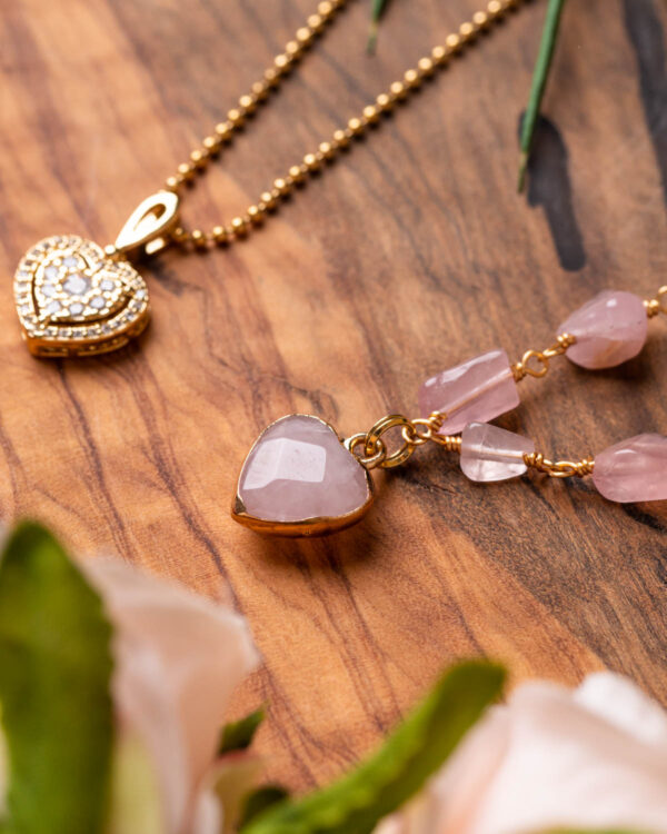 Rose quartz necklace with heart charm pendant