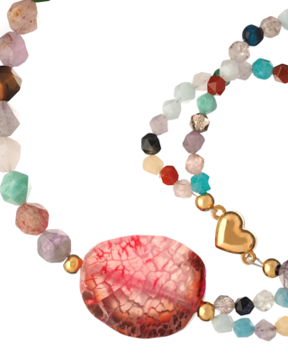 Colorful jade necklace with an assortment of multicolored beads and a central focal bead.