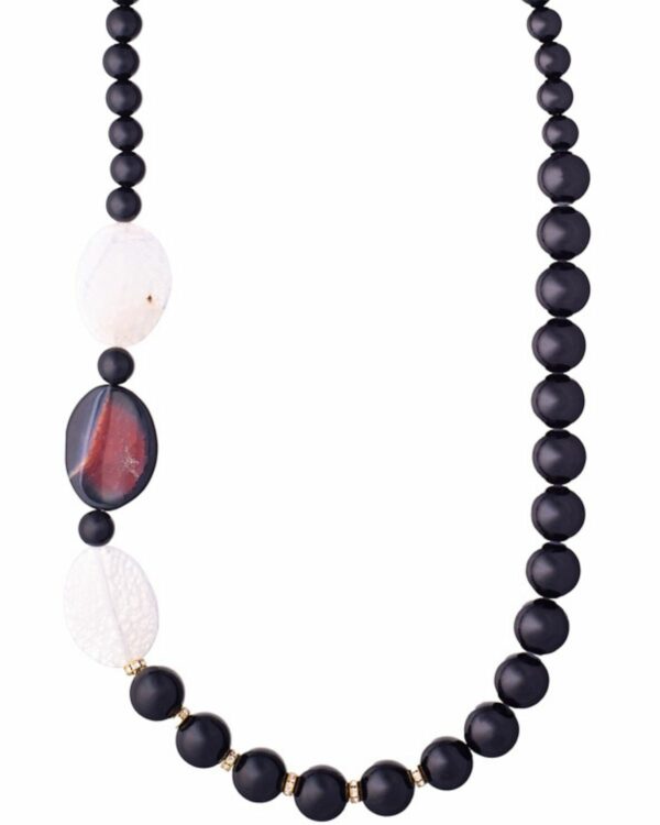 Black onyx necklace with large black beads and accent beads in white and red hues