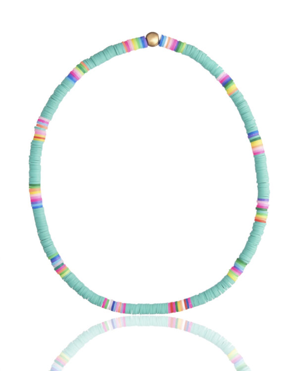 Turquoise surf necklace with multicolored beads and a beach-inspired design.