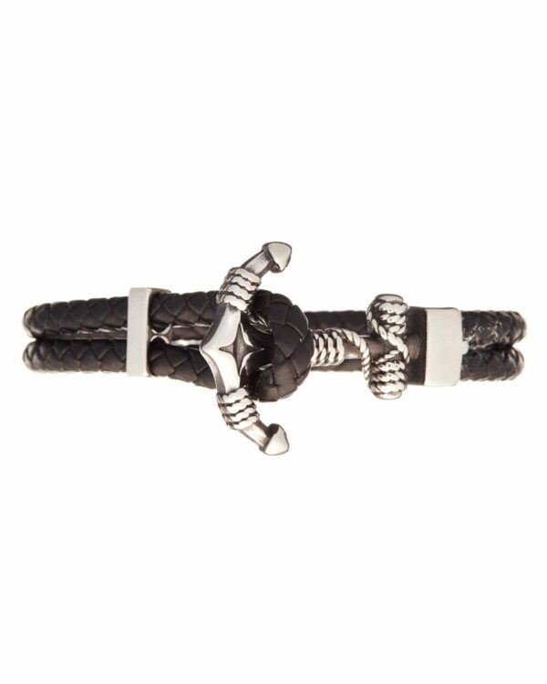 Double leather men's bracelet featuring a silver anchor clasp, with braided leather straps