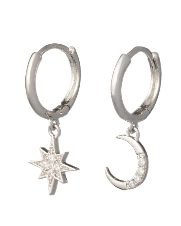 Moon and Star 925 Rhodium Plated Earrings with Sparkling Stones