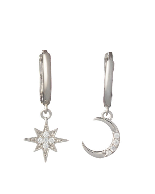 Moon and Star 925 Rhodium Plated Earrings – Celestial Charm with Pave-Set Crystals