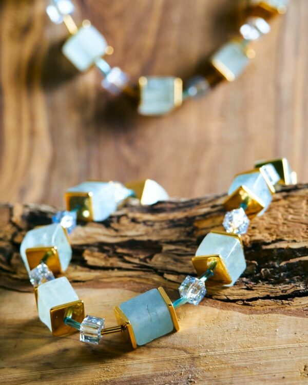 Handcrafted aquamarine cubes and crystal necklace for women