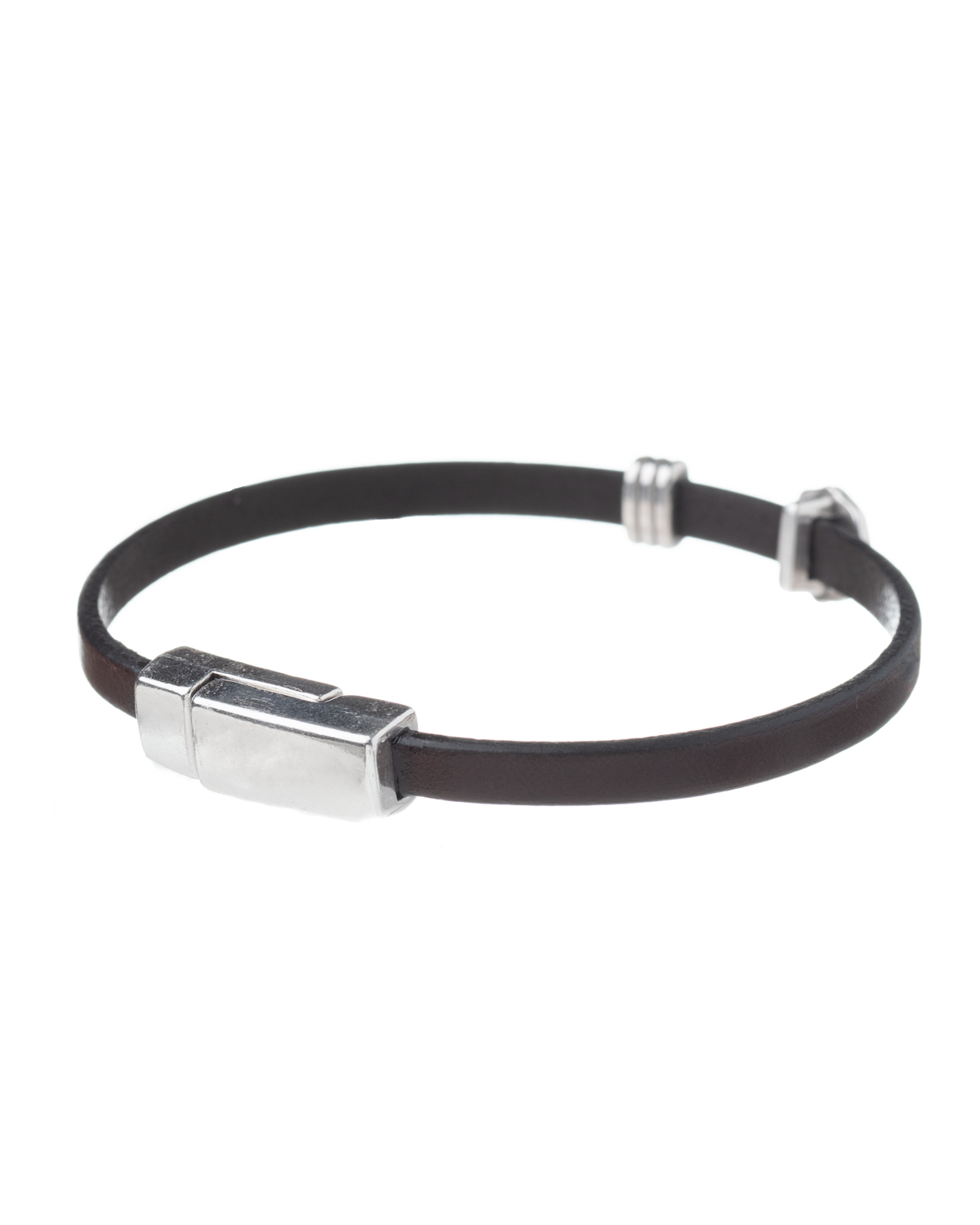 Brown leather bracelet with a silver compass charm.