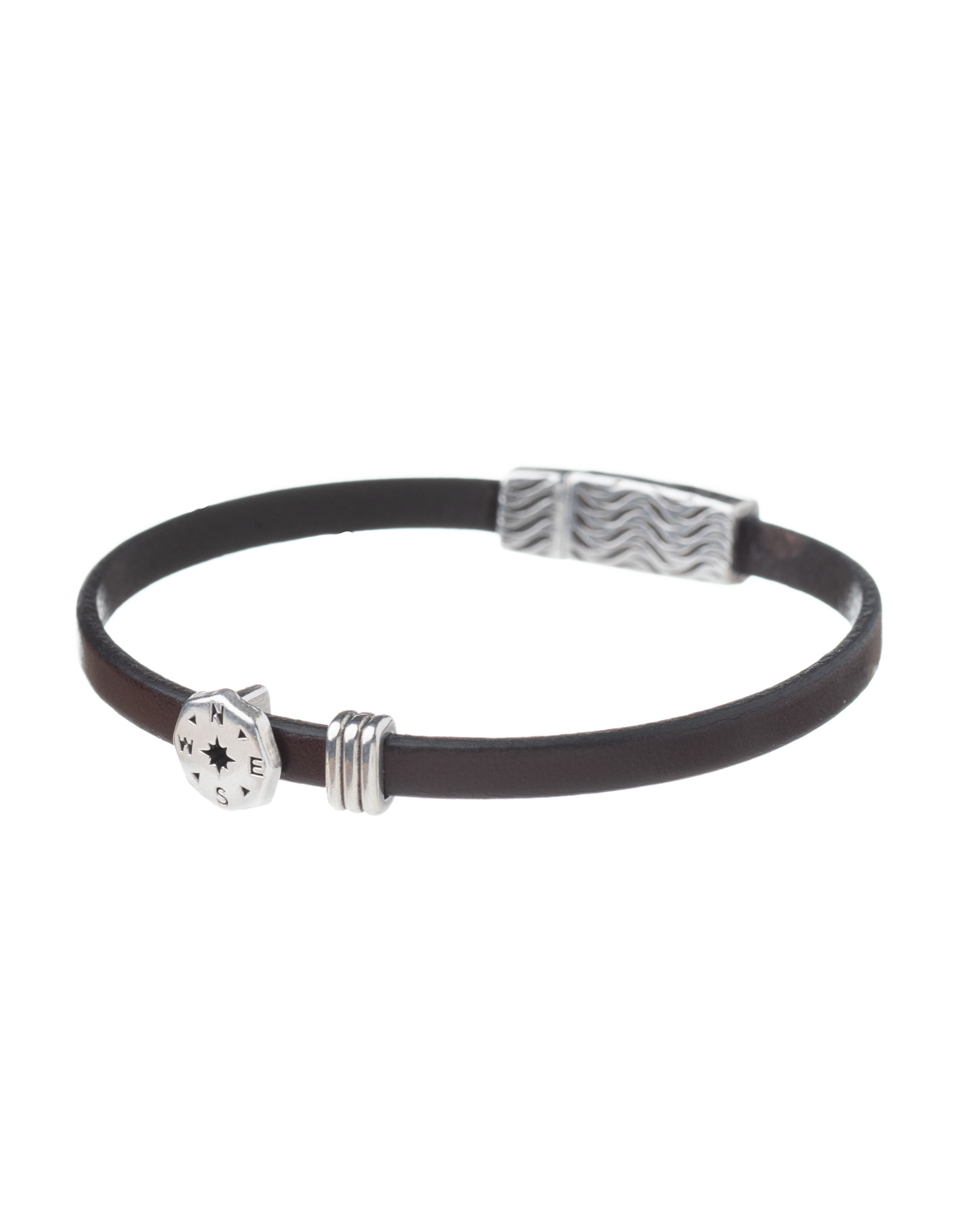 Brown leather bracelet with silver compass charm and accents.