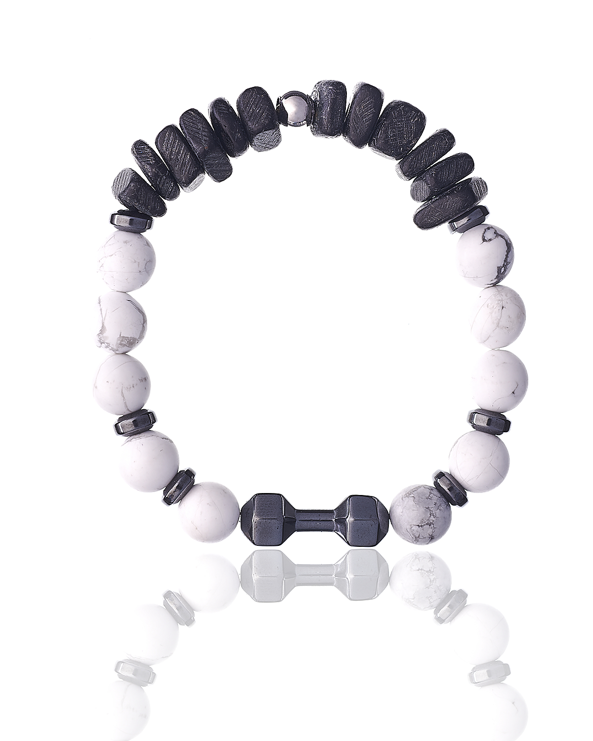 Men Howlite and Wood Bracelet with Dumbbell Element