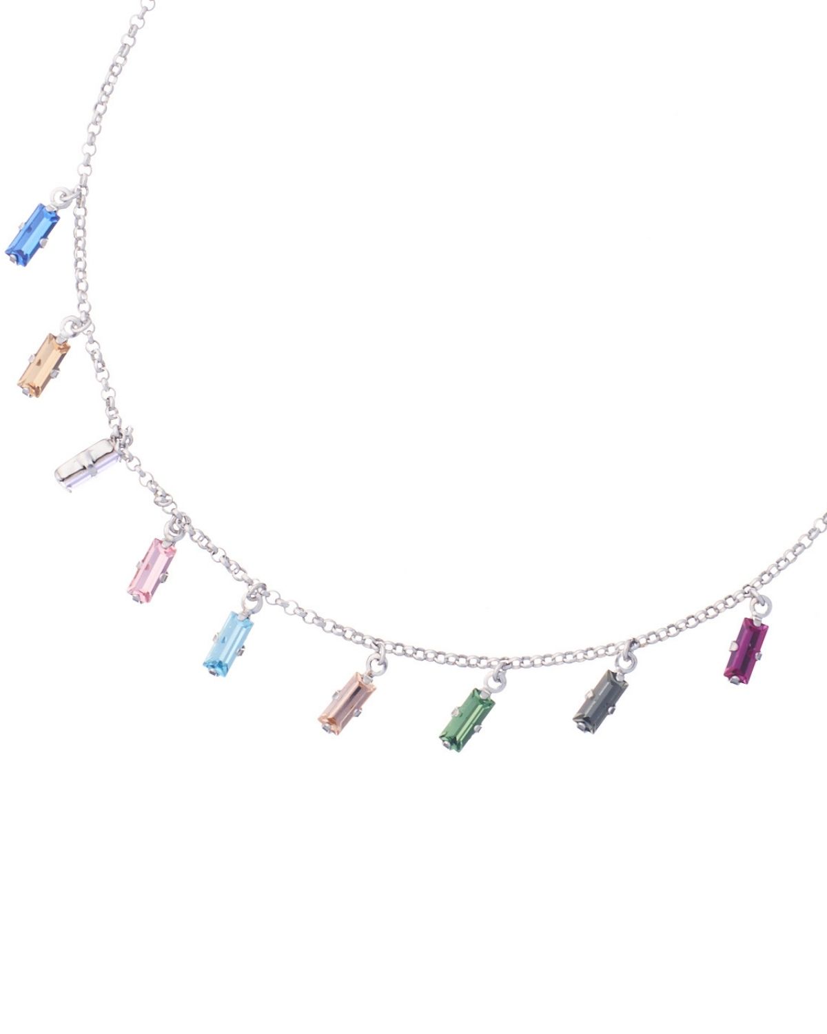 Rectangle multicolor crystal necklace with rhodium plating