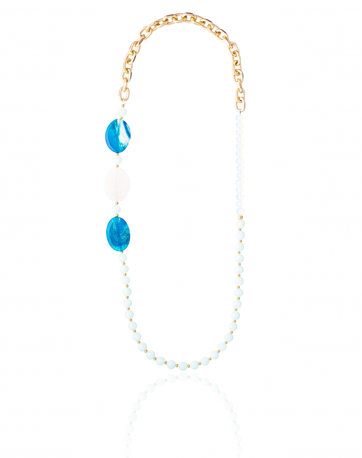 Pal Blue Jade Necklace with Agate Stones and chain Pale blue jade necklace with agate stones and gold chain on a white background