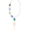 Leaf necklace with multicolored beads and a gold chain on a white background
