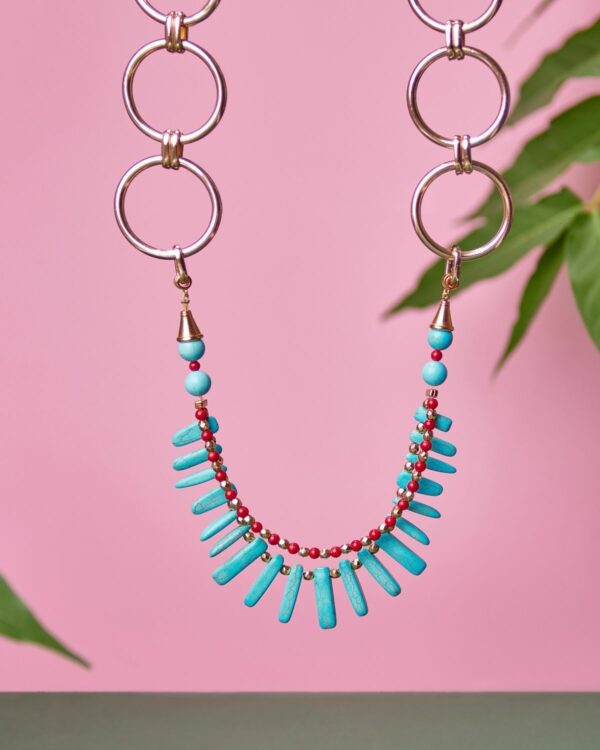 Turquoise Sticks And Red Howlite Necklace - Statement Necklace