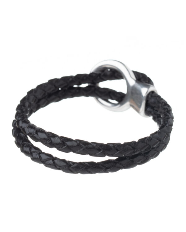 Double Black Braid Leather Bracelet with Silver Hook