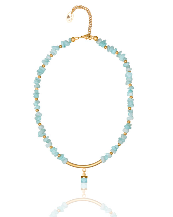 Aqua Jade Cascade necklace with turquoise jade beads and gold accents.