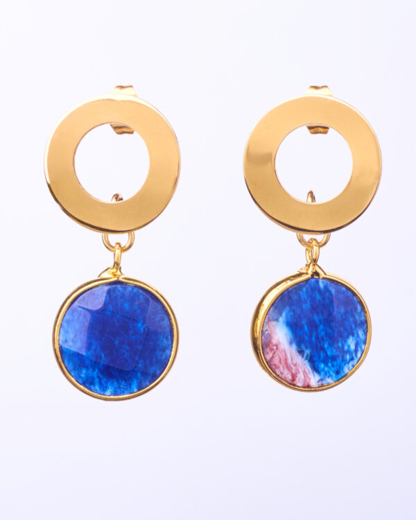 Blue Round Earrings with Iridescent Gemstone in Gold Frame