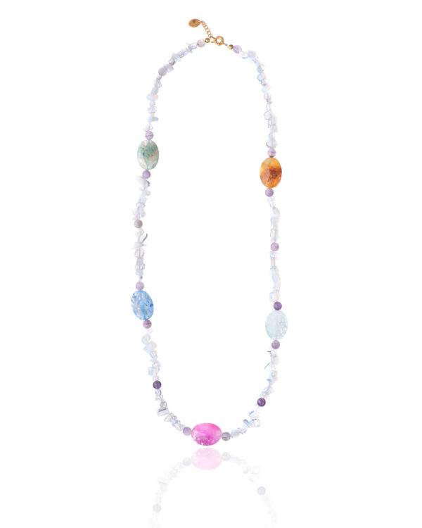 Moonstone and Amethyst Necklace with colorful agate stones on a white background