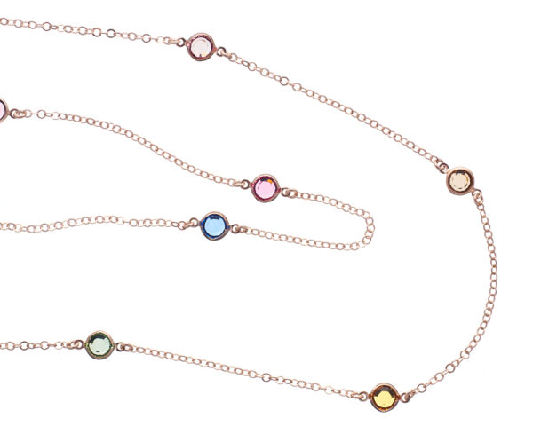 Rose gold long necklace with multicolor crystals